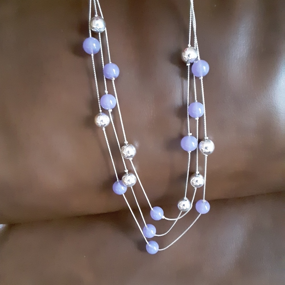 Multi strand silver & lilac color beaded necklace
